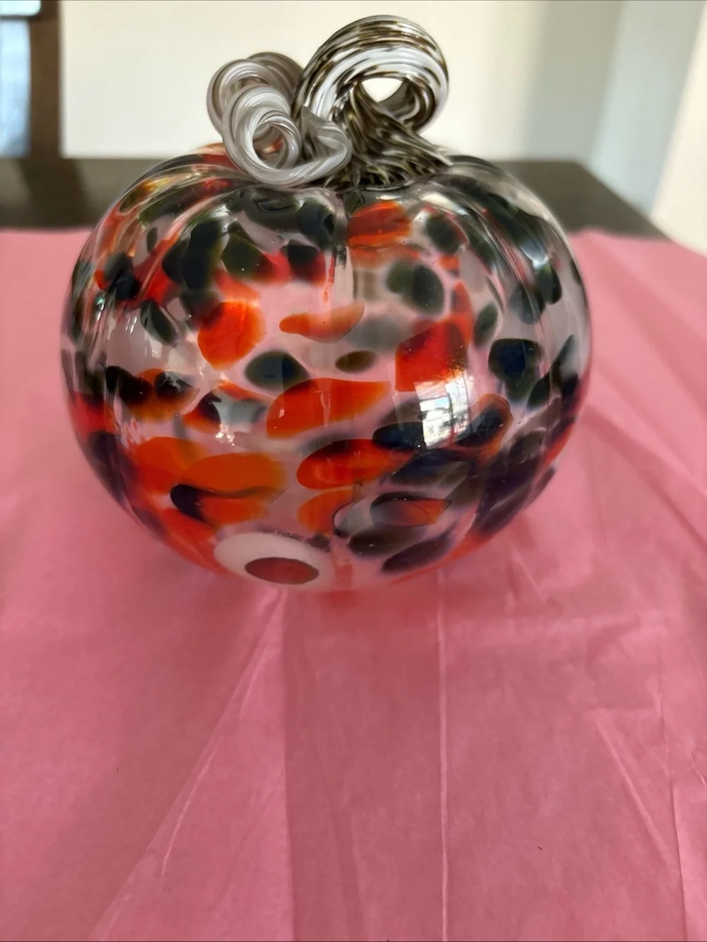 Handblown Glass Clear With Orange Black White Spots Pumpkin